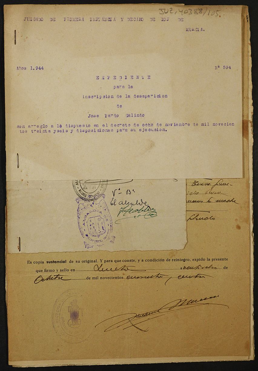Expediente 594/1944 del Juzgado de Primera Instancia de Murcia para la inscripción en el Registro Civil por la desaparición en el frente de José Pardo Galindo.